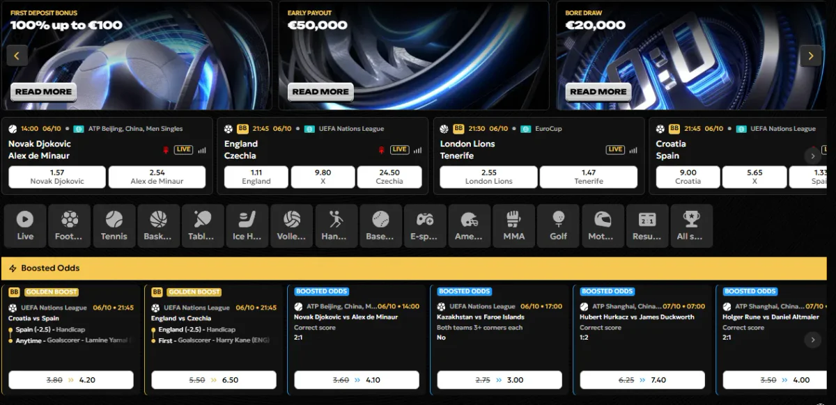 Paris sportifs en direct avec cotes boostées, événements sportifs et bonus de premier dépôt